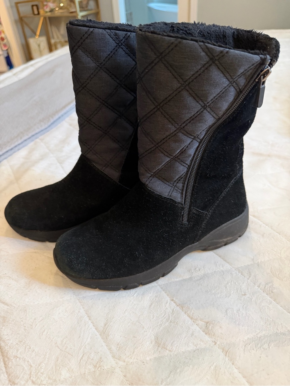 Women's Quilted Faux-Fur Lined Winter Boots - Black Lands End Size 7 1/2